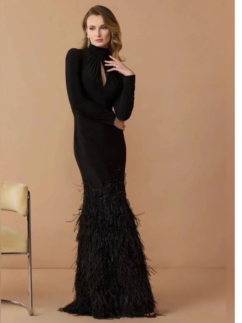 MAC DUGGAL 11839 Black Jersey Long Sleeve High Neck Feather Gown size 16 NWT